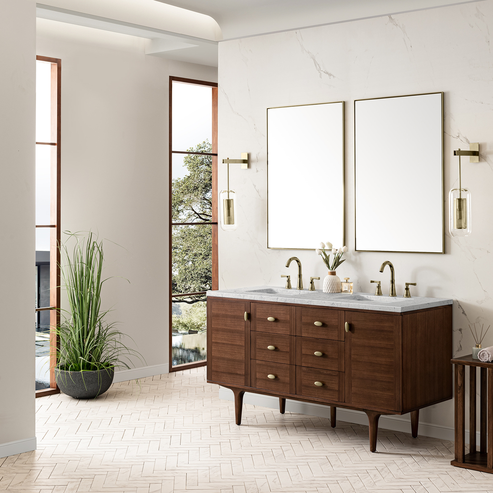 Amberly 60" Double Vanity In Mid-Century Walnut With Eternal Jasmine Pearl Top