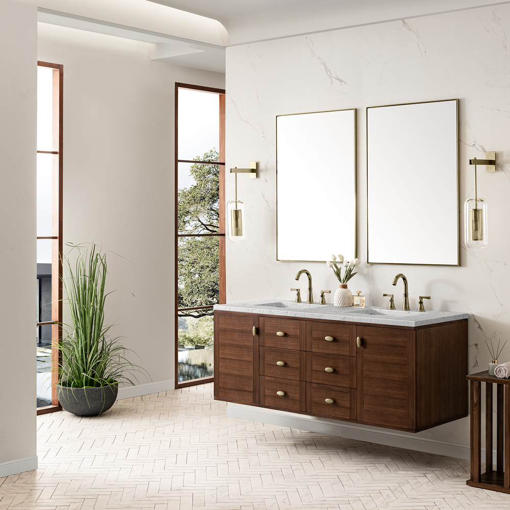 Amberly 60" Double Vanity In Mid-Century Walnut With Eternal Jasmine Pearl Top