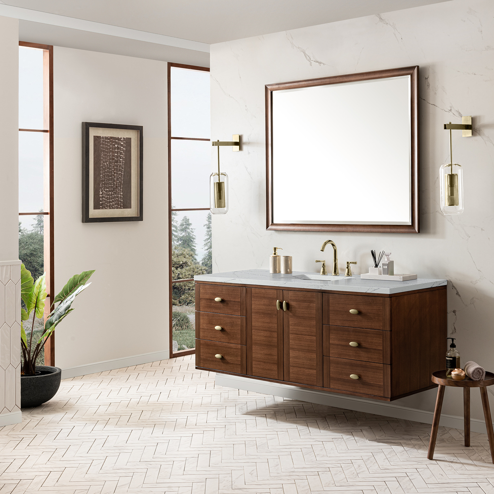 Amberly 60" Single Vanity In Mid-Century Walnut With Ethereal Noctis Top