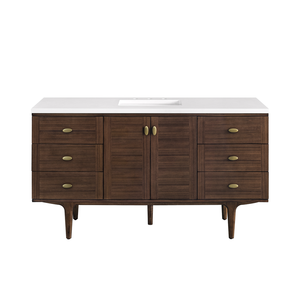 Amberly 60"" Single Vanity In Mid-Century Walnut With White Zeus Top