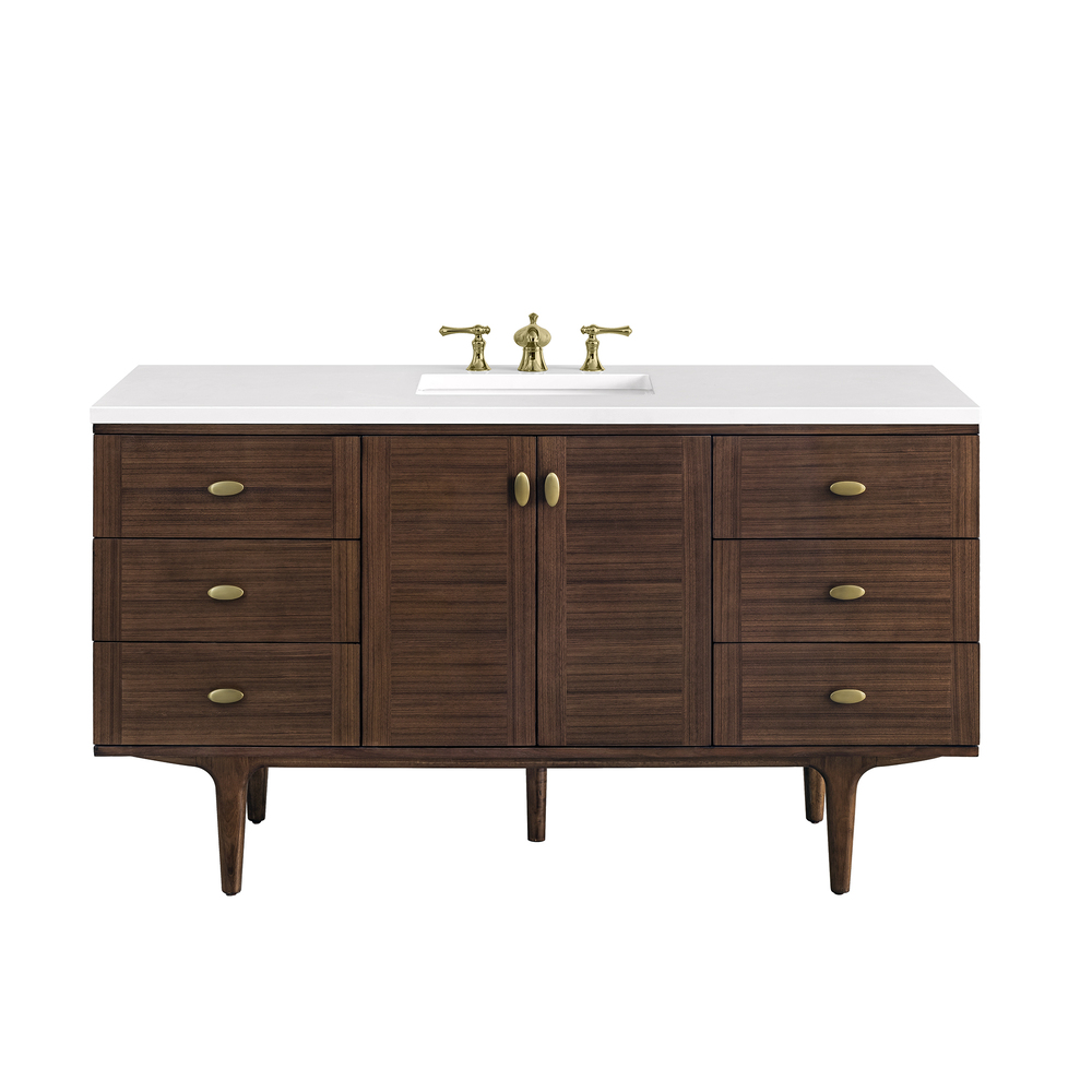 Amberly 60"" Single Vanity In Mid-Century Walnut With White Zeus Top