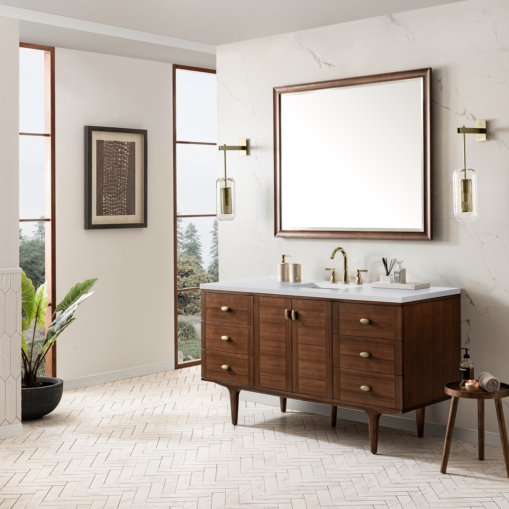 Amberly 60"" Single Vanity In Mid-Century Walnut With White Zeus Top