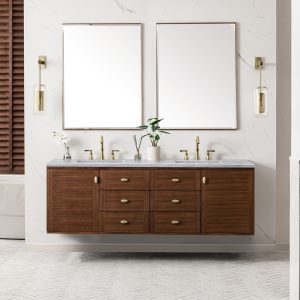 Amberly 72" Double Vanity In Mid-Century Walnut With Arctic Fall Top