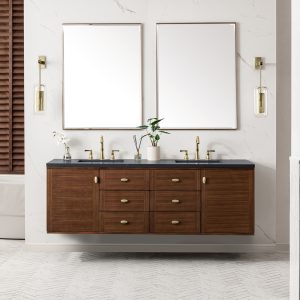 Amberly 72" Double Vanity In Mid-Century Walnut With Charcoal Soapstone Top