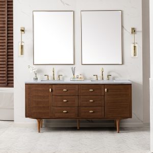 Amberly 72" Double Vanity In Mid-Century Walnut With Arctic Fall Top