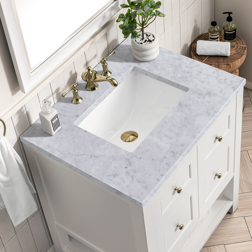 Breckenridge 30" Bathroom Vanity In Bright White With Carrara Marble Top
