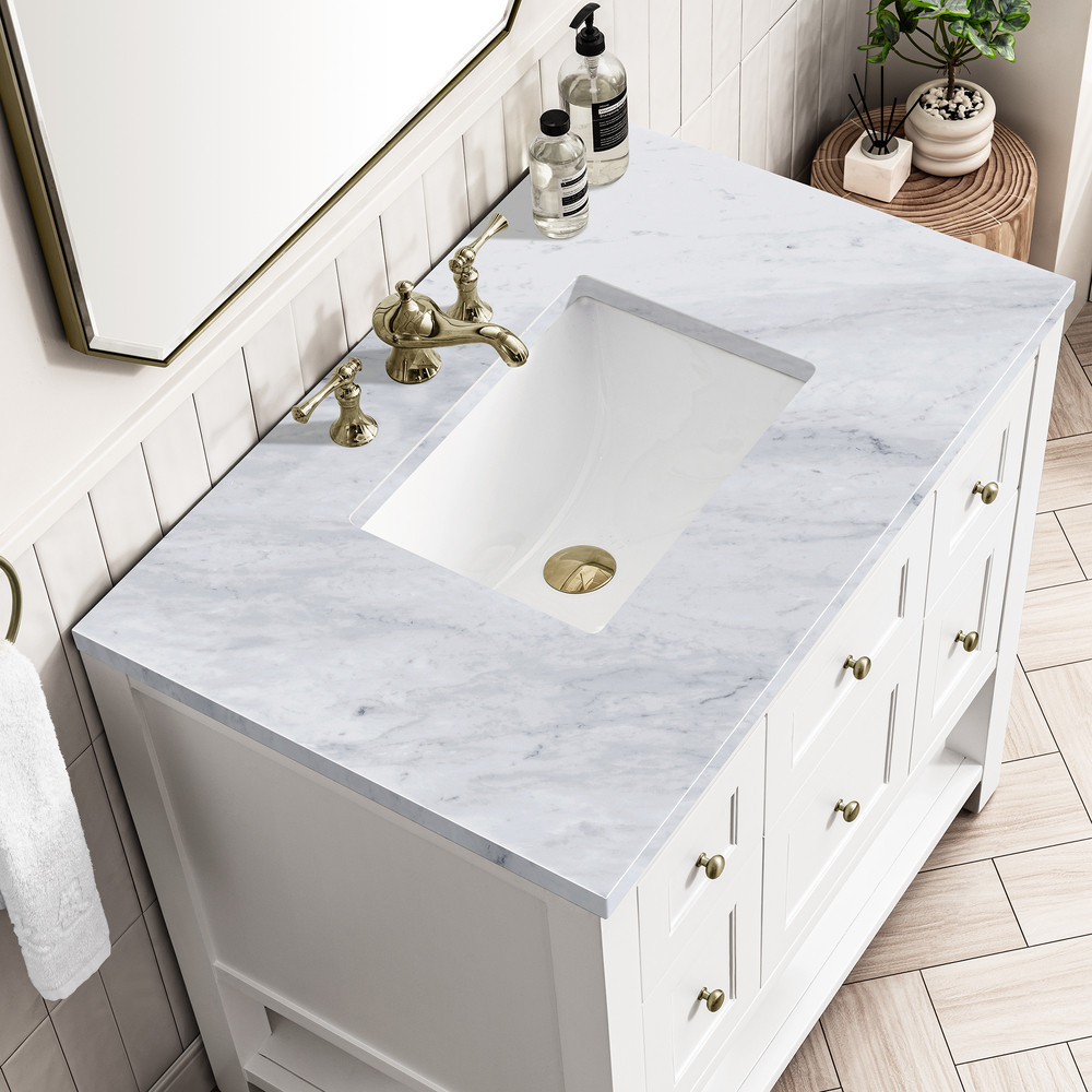 Breckenridge 36" Bathroom Vanity In Bright White With Carrara Marble Top