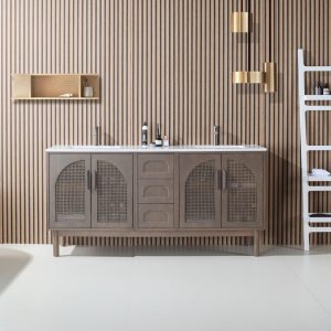 Contemporary bathroom with a Nara 72 inch Chestnut Oak Freestanding Bathroom Vanity, wood accents, arched cabinet doors, white countertop, vertical wood slat wall, gold pendant lights, white ladder shelf, and a small wall-mounted shelf.