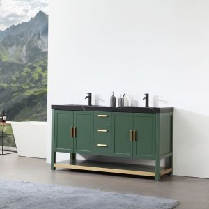 The Winchester 60 Forest Green Freestanding Bathroom Vanity, Black Countertop, boasts gold handles and dual sinks with soap dispensers. It stands on a light brown floor.