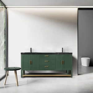 The bathroom showcases a large window on the left and is centered around the Winchester 72-inch Freestanding Double Bathroom Vanity With Black Top in Forest Green, accented with gold handles. A small green stool with wooden legs complements it, while a toilet is tucked in the corner.