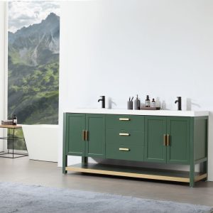 The modern bathroom features a Winchester 72 Freestanding Double Vanity in Forest Green with white top, three drawers, and two cabinets. Black fixtures, and a large mirror