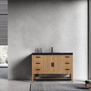 Revival 48" Pecan Oak Freestanding Bathroom Vanity, Black Countertop