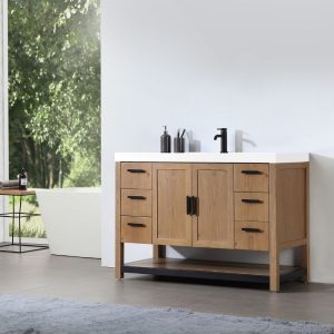 Revival 48" Pecan Oak Freestanding Bathroom Vanity, White Countertop