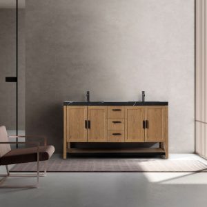 Revival 60" Pecan Oak Freestanding Bathroom Vanity, Black Countertop