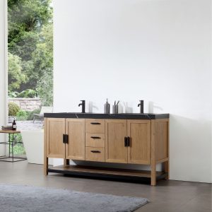 Revival 60" Pecan Oak Freestanding Bathroom Vanity, Black Countertop