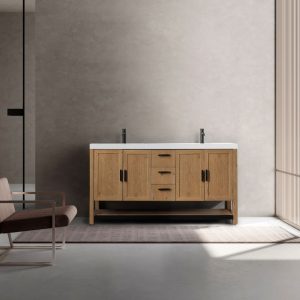 A minimalist bathroom features the Winchester 60 inch Pecan Oak Freestanding Bathroom Vanity with a white countertop, three drawers, and cabinet doors on each side against a neutral wall. A modern armchair is on the left, while natural light flows through vertical blinds on the right.