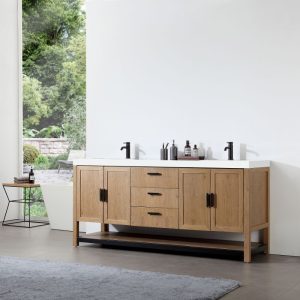 A modern bathroom showcases the Winchester 72-inch Pecan Oak Freestanding Vanity with a white countertop, accented by sleek black faucets and handles. Assorted toiletries are neatly placed on the vanity.