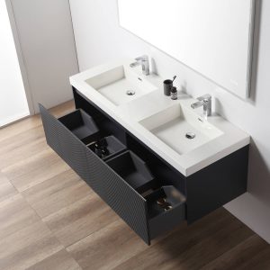 The Positano 60 inch Double Wall Mount Bathroom Vanity in Night Blue with Acrylic Top features dual sinks, modern faucets, a toothbrush holder, and open drawers showcasing organized storage, set against a light wall and wood-style flooring.