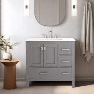 Vanea 36" Bathroom Vanity iWith Drawers n Gray with White Quartz Top