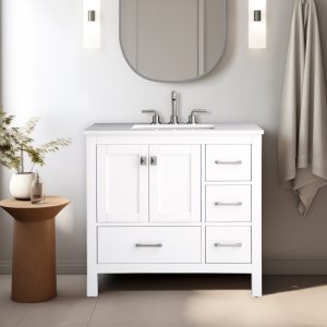 The modern bathroom features the Vanea 36 inch Bathroom Vanity in White with a white quartz top, sink, and chrome faucet. Two wall-mounted lights illuminate a round mirror above.