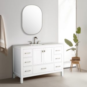 A modern bathroom displays the Vanea 48-inch Bathroom Vanity in White with a white quartz top, featuring six drawers and two center doors. A rectangular mirror with rounded edges hangs above.