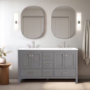 Vanea 60 inch Double Bathroom Vanity in Gray with White Quartz Top