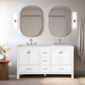 Vanea 60 inch Double Bathroom Vanity in White with White Quartz Top
