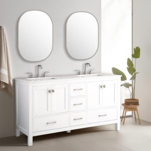 The modern bathroom showcases the Vanea 60 inch Double Bathroom Vanity in White with a White Quartz Top, paired with double sinks and sleek silver faucets. Two oval mirrors are mounted above, complement the minimalistic decor.