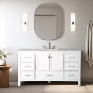 In a modern bathroom, the Vanea 60 Single Bathroom Vanity in White with a White Quartz Top, featuring six drawers and a central cabinet, is complemented by a curved rectangular mirror. Vertical sconces provide soft lighting while a towel on the right underscores the minimalist design.