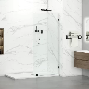 Modern bathroom with Isabel 34W x 76H Frameless Walk-In Shower Screen Door, black fixtures, white walls with gray marble veins, and a wooden vanity with a mirror. A towel rack and toiletry nook complement the gray tile flooring that mimics the door design.