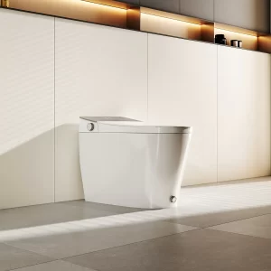 The Smart Bidet One-Piece Toilet Elongated, in sleek white, is set against a wall with under-lit shelves in a minimalist bathroom featuring light gray tile floors and neutral cabinetry.