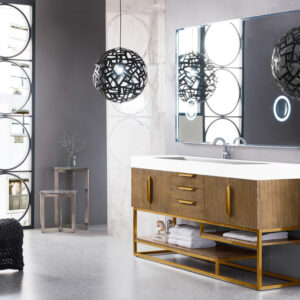 Columbia 72" Single Vanity, Latte Oak, Radiant Gold w/ Glossy White Composite Stone Top