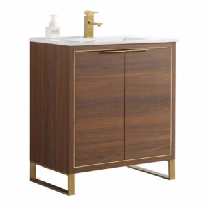 The Opulence 30 inch Modern Bathroom Vanity With Sink features a modern wood finish, gold legs and trim, two cabinet doors, a white integrated sink countertop, gold faucet, and matching soap dispenser.