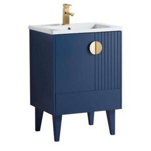 The Venezian 24 inch Bathroom Vanity With Sink showcases a modern navy blue finish, tapered legs, white rectangular sink, gold faucet, circular gold handle, and a cabinet door with smooth and vertically grooved textures.