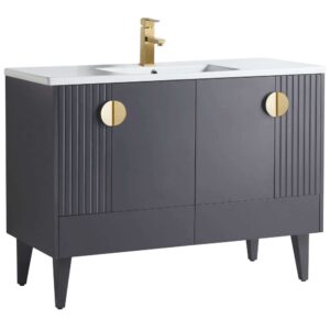 The Venezian 48 inch Bathroom Vanity With Sink showcases a matte dark gray finish, gold faucets, round handles, vertical line cabinet detailing, and is topped with a sleek white rectangular sink.