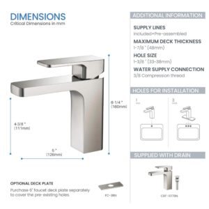 Diagram displaying dimensions and installation details for the Fusion Single Handle Bathroom Vanity Sink Faucet, including measurements, hole size, water supply connection, optional deck plate info, and a faucet photo.
