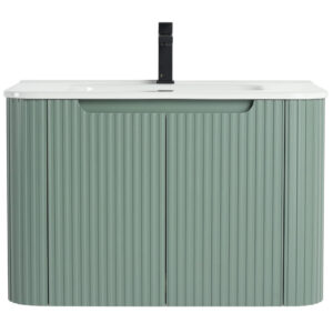 The Caskvalley 30 Inch Wall Mounted Bathroom Vanity With Sink offers a modern design featuring a sleek white countertop and integrated sink. Its base has a vertical ribbed pattern in muted green, harmonized by a centered black faucet for an elegant touch.