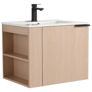 The Elmridge 24 Inch Wall Mounted Bathroom Vanity with Sink showcases a contemporary light wood finish, featuring an open left shelf, right closed cabinet, and a sleek white basin topped with a stylish black faucet.