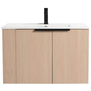 The Elmridge 30 Inch Wall Mounted Bathroom Vanity With Sink features a minimalist light wood finish with two doors, a rectangular white basin, and a black faucet, adding clean, modern elegance to any bathroom.