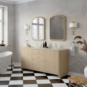 A modern bathroom features a Gracyn 72 inch Double Bathroom Vanity with dual sinks, two mirrors, and a wooden cabinet. Black and white checkered tiles contrast with neutral walls. A standalone bathtub by the window is highlighted by decorative plants and accessories.