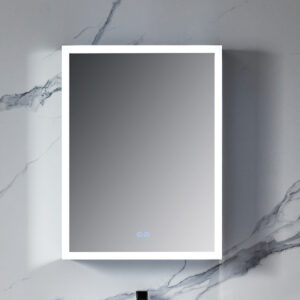 The Capella 24 LED Medicine Cabinet includes a rectangular, lighted bathroom mirror with a white frame on a gray-veined marble wall. Two touch-sensitive buttons are at the bottom center.