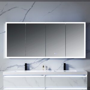 The modern bathroom features a Capella 72 inch LED Medicine Cabinet illuminating a marble-patterned wall, while below, a white double-sink vanity with black faucets and select toiletries offers a minimalist and elegant design.