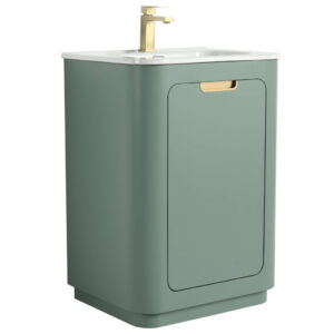 The Shireplace 24 Inch Bathroom Vanity With Sink features a modern light green finish, white top with integrated sink, sleek handleless cabinet door, and square gold faucet for a minimalist, contemporary style.