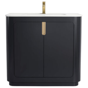 The Shireplace 36 Inch Bathroom Vanity With Sink showcases a modern black design, white countertop, and gold faucet. Its two cabinet doors feature vertical gold handles that enhance its sleek and minimalist aesthetic.