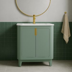 A modern bathroom highlights a mint green Shireplace 30 Inch Bathroom Vanity With Sink, paired with a gold faucet and round mirror. Green wall tiles flow into a hanging beige towel, while the light gray floor elegantly completes the look.