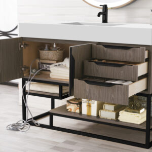The Columbia 48 Inch Single Vanity Cabinet, shown with open doors and drawers, displays neatly arranged towels, baskets, toiletries, and a hair dryer on the bottom shelf for an organized bathroom appearance.