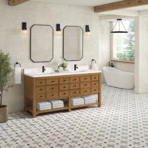 A modern bathroom highlights a Malibu 72 inch Double Bathroom Vanity Cabinet in Amber Birch with double rectangular mirrors and sleek black faucets. It features ample storage with numerous drawers, a shelf full of towels, and is paired with a freestanding bathtub, pendant light, and patterned tile floor.