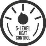 A black and white dial labeled 5-Level Heat Control on the Quadro Towel Warmer shows five tick marks around the knob, indicating adjustable temperature settings.