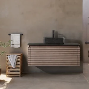 Minimalist bathroom with the Ocala 48 Inch Wall Mount Bathroom Vanity With Vessel Sink, a black sink, wall-mounted faucet, towel rack, wooden laundry basket, potted plant, and an open shower featuring a black fixture.