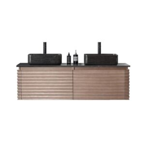 The Ocala 60 Inch Wall Mount Bathroom Vanity With Vessel Sink showcases a modern wavy wood-textured front, dual rectangular black vessel sinks, matching black faucets and soap dispensers on a black countertop.